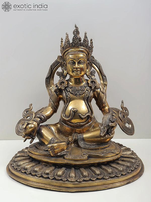 19" Buddhist Deity Kubera Seated on Pedestal of Flattened-Out Lotus Pedestal in Brass