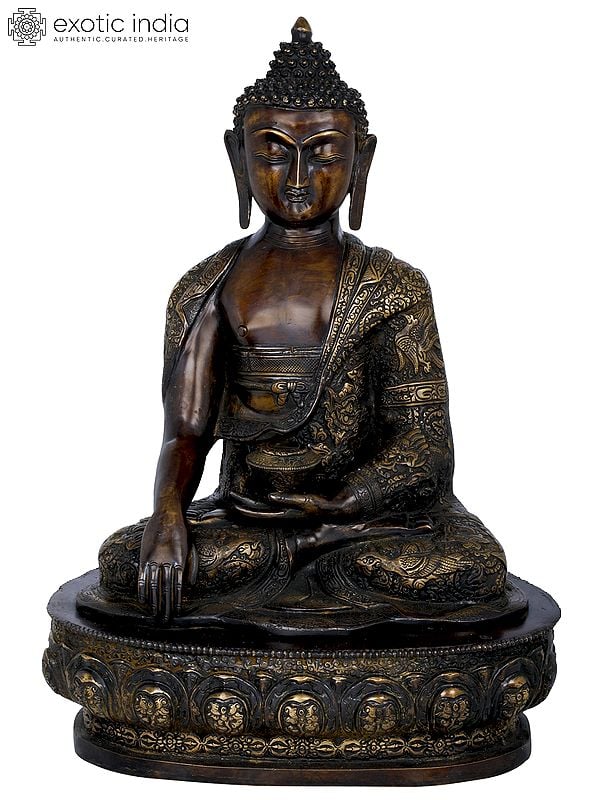 21" Lord Buddha Seated On Lotus Seat Wearing an Extensively Carved Robe - Tibetan Buddhist In Brass | Handmade | Made In India