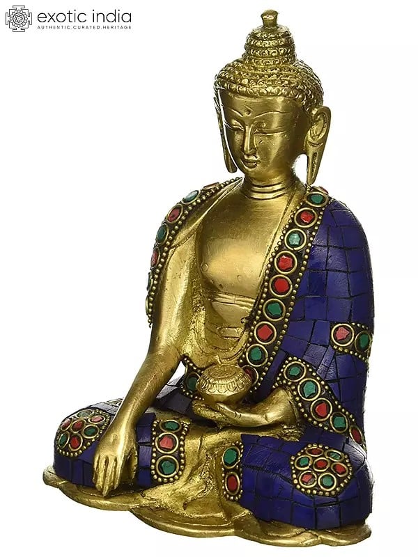 5" Brass Lord Buddha Statue in Bhumisparsha Mudra (Wearing Lapis Hued Robe) | Handmade