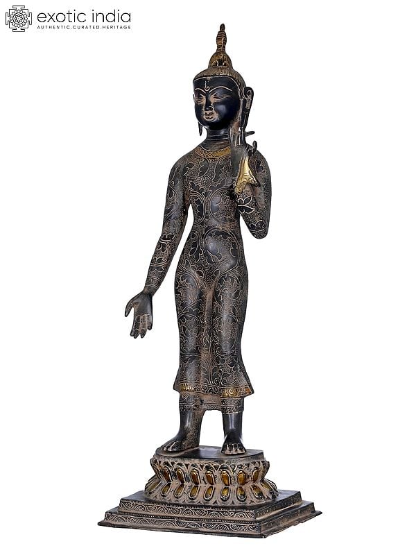 22" Tibetan Buddhist Standing Buddha In Brass | Handmade | Made In India