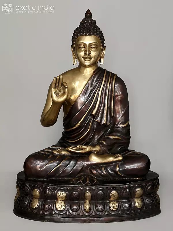 56" Large Size Lord Buddha Seated on Double Lotus Seat - Tibetan Buddhist In Brass | Handmade