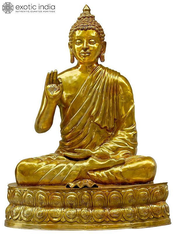 56" Large Size Lord Buddha Seated on Double Lotus Seat - Tibetan Buddhist In Brass | Handmade