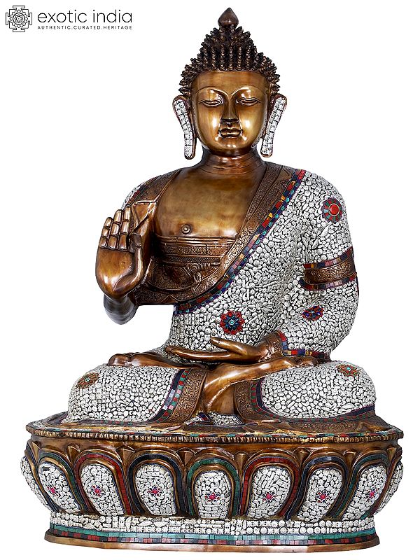 45" Large Inlay Brass Buddha Statue Seated on Lotus | Indian Handcrafted Idol