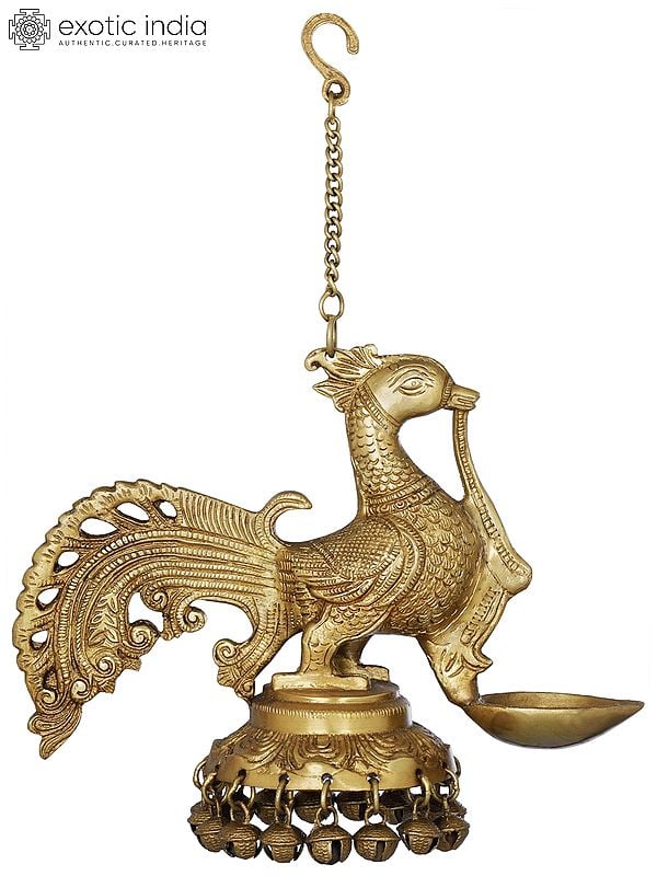 7" Brass Roof Hanging Peacock Lamp with Ghungroos | Handmade | Made in India