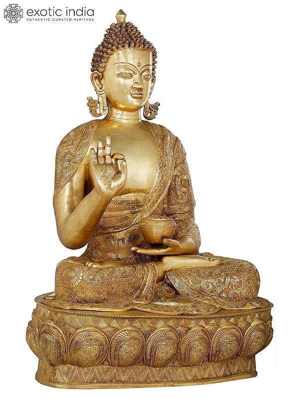 35" Gracious Buddha, Clad in a Luxuriant Robe in Brass | Indian Handcrafted Idol