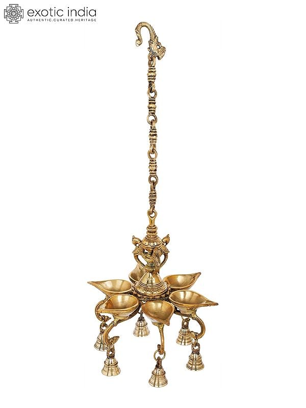 10" Roof Hanging Six Wicks Lamp with Bells in Brass | Handmade | Made in India