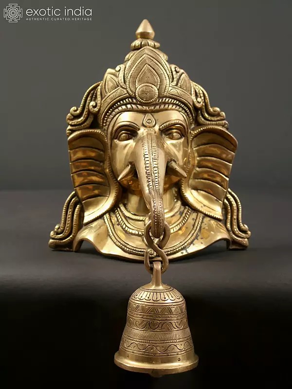16" Brass Lord Ganesha Mask Wall-Hanging With Engraved Bell
