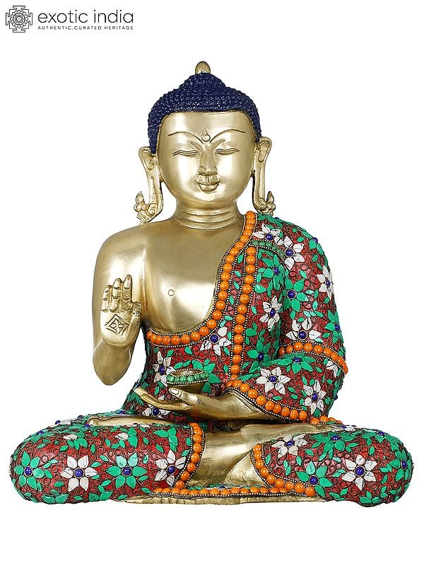 14" Tibetan Buddhist Lord Buddha with Floral Inlayed Robe In Brass | Handmade | Made In India