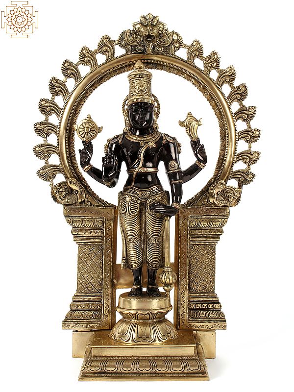 21" Chaturbhuja Standing Vishnu with Kirtimukha Ring In Brass | Handmade | Made In India