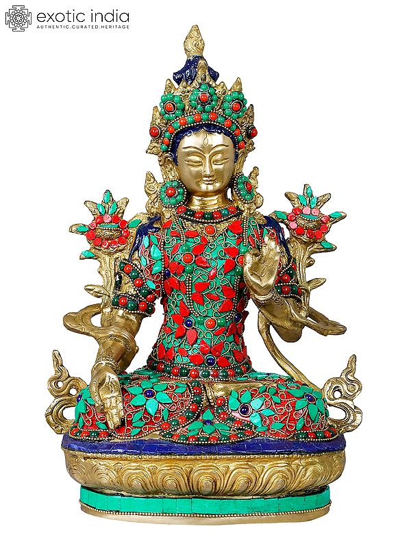 12" Richly Inlaid Seven-Eyed White Tara Brass Idol | Handmade | Made In India