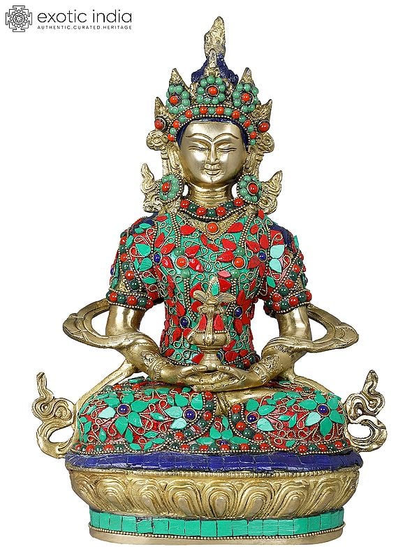 12" Amitabha Buddha with The Vase of Immortality - Tibetan Buddhist In Brass | Handmade | Made In India