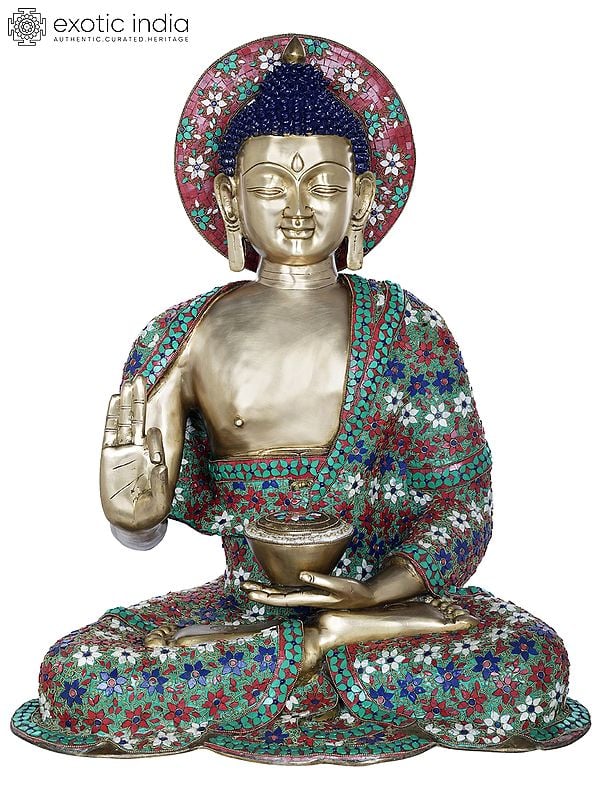 28" Tibetan Buddhist Lord Buddha, His Robe Decorated with Fine Inlay Work In Brass | Handmade | Made In India