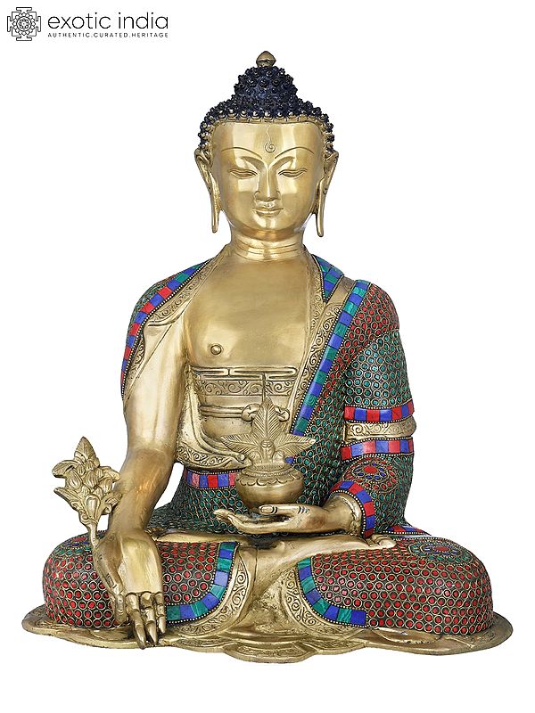 16" Handmade Medicine Buddha Brass Statue | Tibetan Buddhist Healing Buddha With Herbs