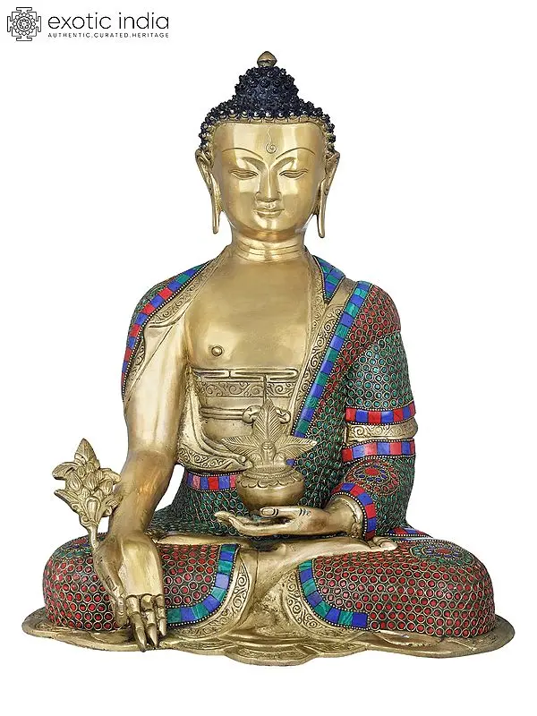 16" Handmade Medicine Buddha Brass Statue | Tibetan Buddhist Healing Buddha With Herbs