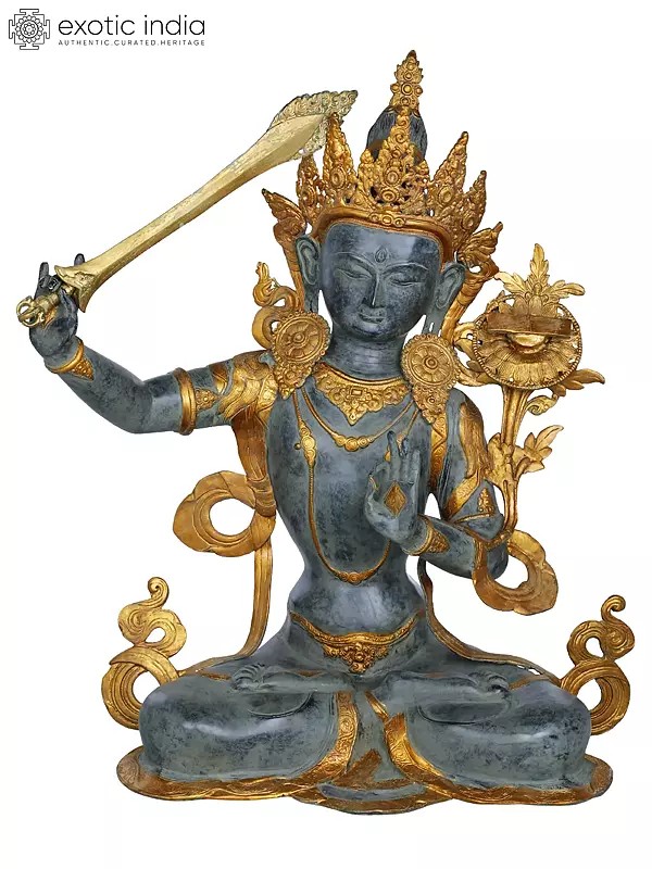 31" Bodhisattva Manjushri, A Striking Bitone Composition In Brass | Handmade