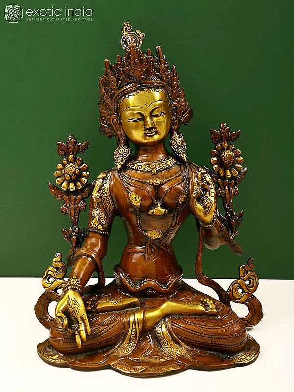 14" Padmasana White Tara in A Beige Robe | Indian Handcrafted Brass Idol