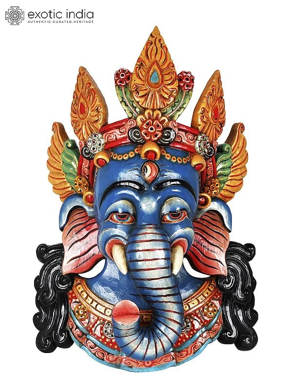 Crowned Ganesha Mask | Wall Hanging Wooden Statue from Nepal