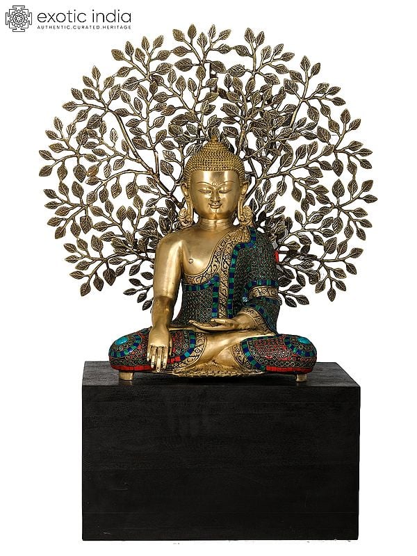 Bhumisparsha Buddha Idol Seated on Wooden Base with Elaborate Bodhi Tree