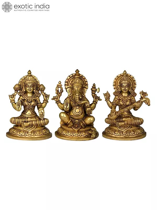 7" Lakshmi Ganesha Saraswati In Brass | Handmade | Made In India