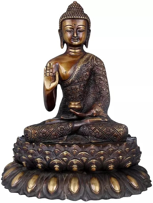 11" Vitarka Mudra Buddha Upon A Luxuriant Lotus Pedestal | Handmade Brass Statue