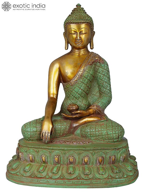 10" Lord Buddha Wearing Vishwa-Vajra Carved Robe - Handmade Tibetan Buddhist Brass Statue | Made In India