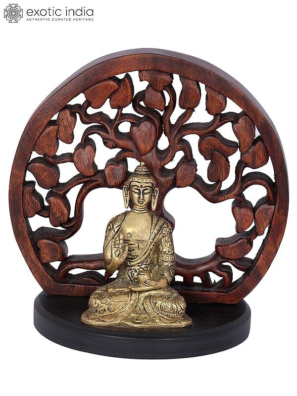 7" Brass Seated Buddha Figurine with Wooden Bodhi Tree Aureole| Indian Handcrafted Idol