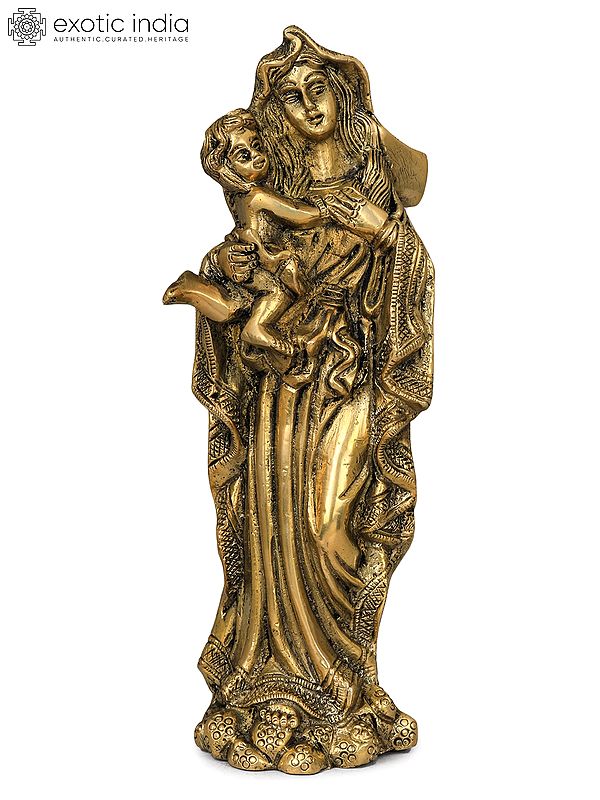 7" Mother Mary with Baby Jesus Brass Statue | Handmade | Made in India