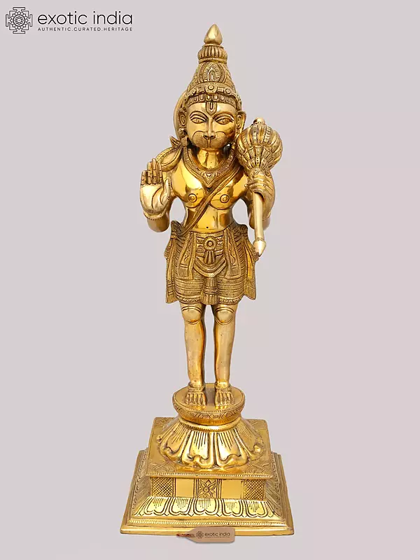 24" Brass Blessing Hanuman Idol Standing on a Tall Lotus Pedestal | Handmade Fine Quality Statue