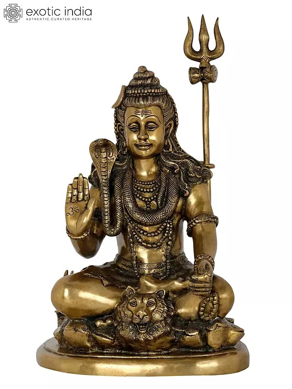 21" Seated Blessing Shiva with Nandi and Long Trident In Brass | Handmade | Made In India