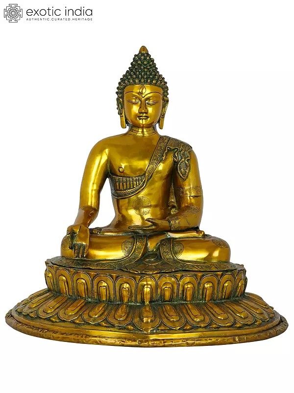 22" Sun Hued Meditating Buddha Brass Idol on a Lotus Pedestal | Handmade