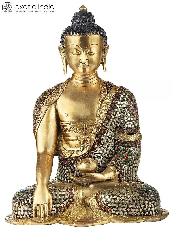 10" Bhumisparsha Buddha Brass Inlay Stone Work Statue | Indian Handcrafted Idol