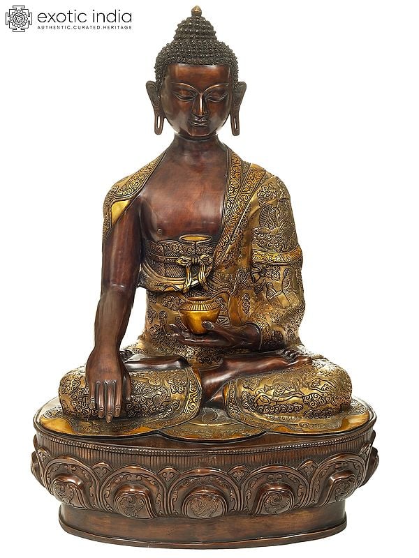 22" Bitone Buddha Seated on A Gigantic Lotus Bloom Throne | Handmade Brass Statue