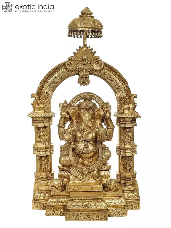 84" Large Lord Ganesha with a Traditional Prabhavali and Parasol Atop | Handmade Brass Statue
