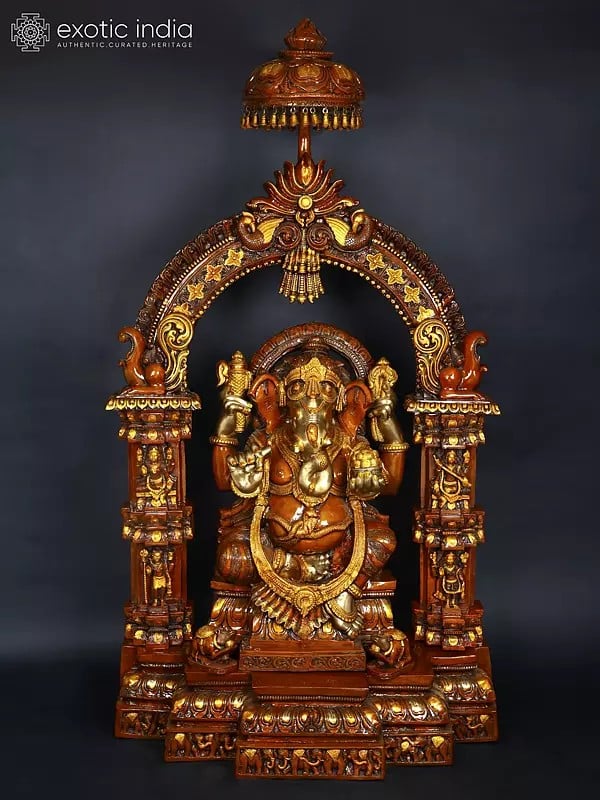 84" Large Lord Ganesha with a Traditional Prabhavali and Parasol Atop | Handmade Brass Statue