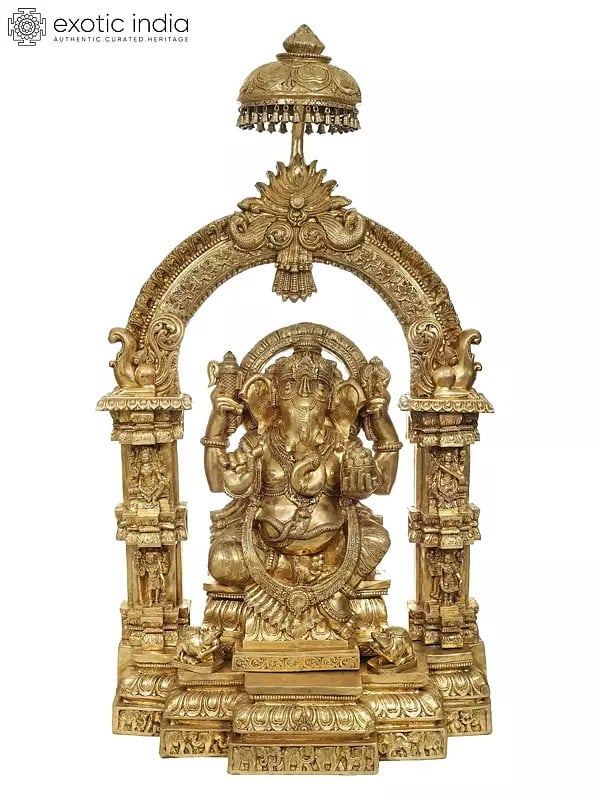 84" Large Lord Ganesha with a Traditional Prabhavali and Parasol Atop In Brass | Handmade | Made In India