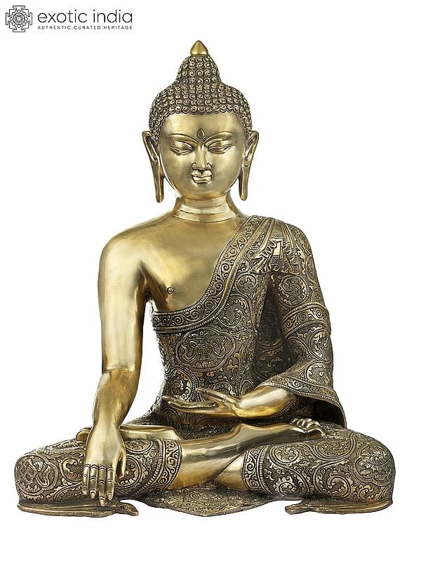 18" Simple Seated Buddha in Richly Engraved Robe | Handmade Brass Statue