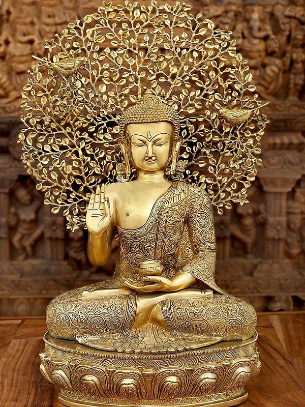 28" Seated Shut-Eyed Buddha Afore A Bodhi Tree Aureole | Handmade Brass Statue