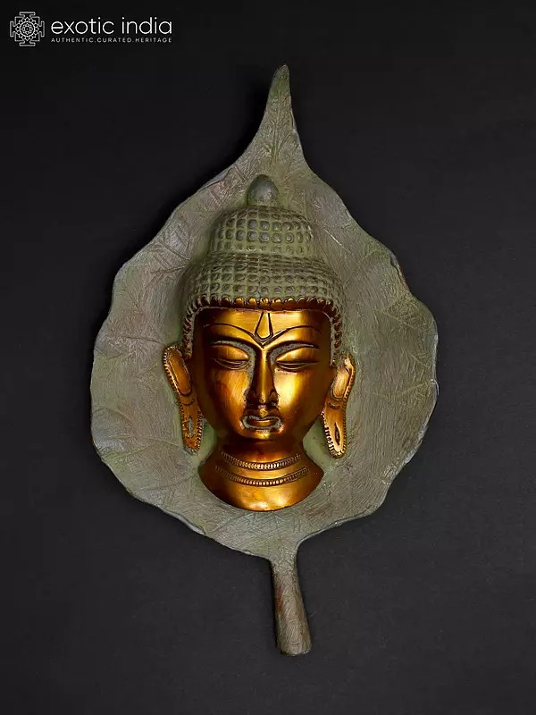 9" Buddha Head on Peepal Leaf Wall Hanging In Brass | Handmade | Made In India