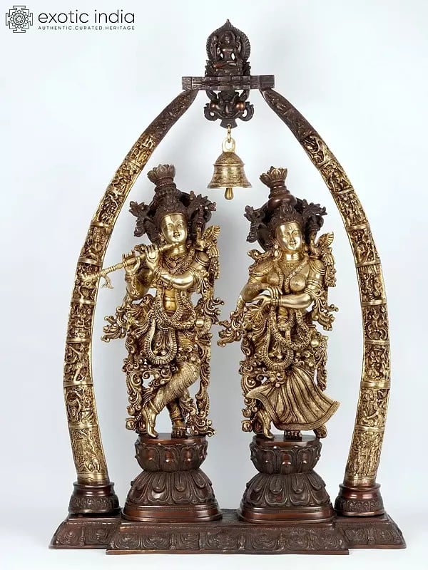 44" Identical Radha-Krishna Statues Within An Aureole Engraved With Krishnaleela Episodes In Brass | Handmade | Made In India