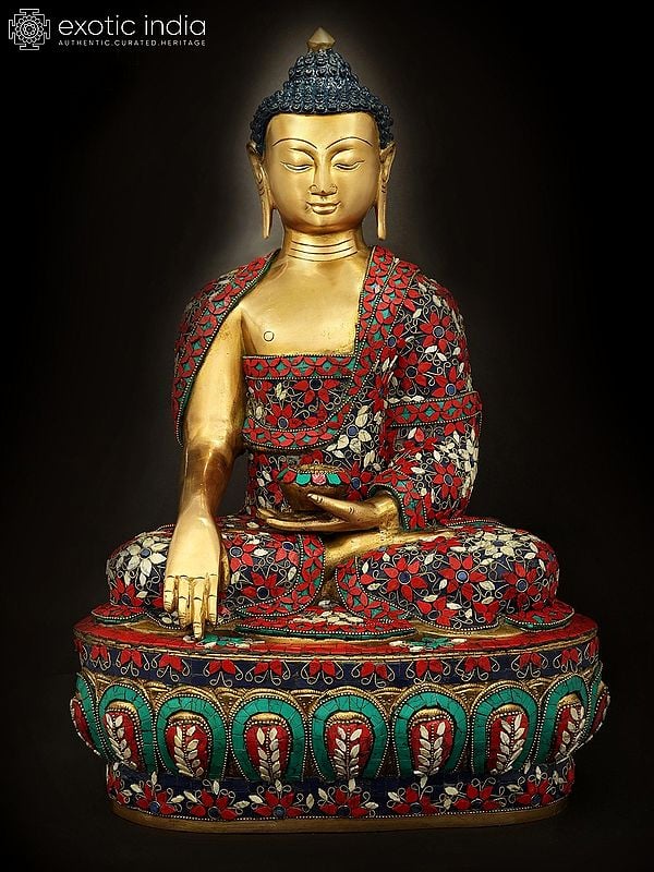 13" Robed Buddha, His Hand in Bhumisparsha Mudra | Handmade Inlay Brass Statue