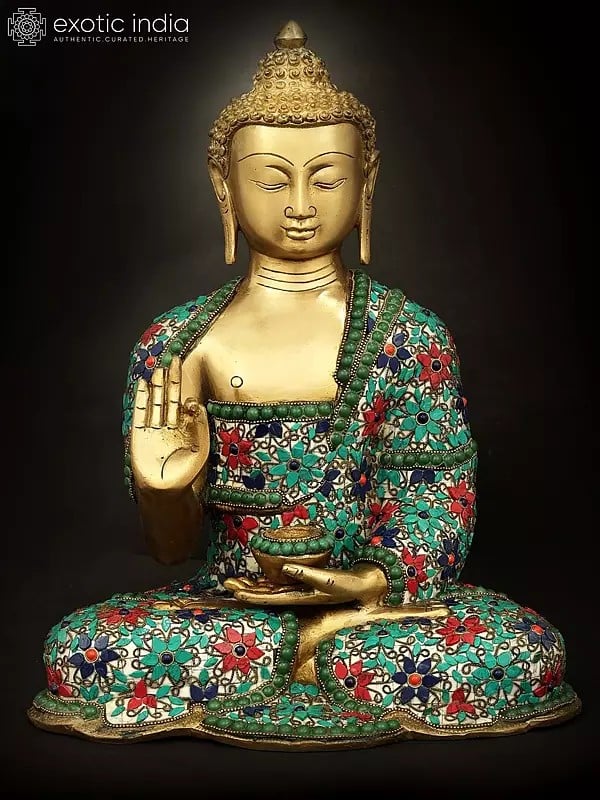 12" Shakyamuni Buddha With Floral Inlay Stone Work In Brass | Handmade | Made In India