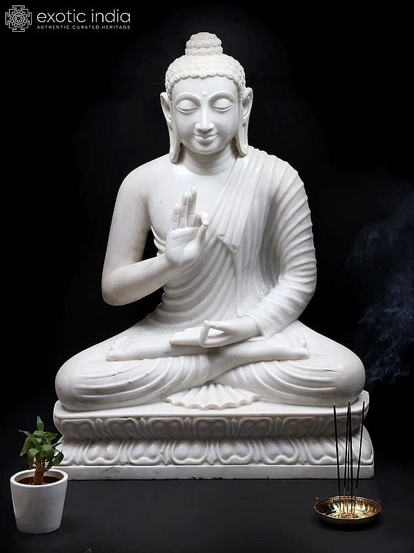 36" Large Tibetan Buddha Teaching of Dharma In White Marble | Handmade