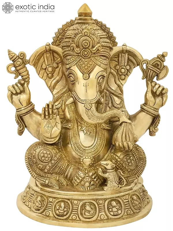 8" Blessing Ganesha Seated on Ashta-Ganesha Base | Handmade Brass Statue