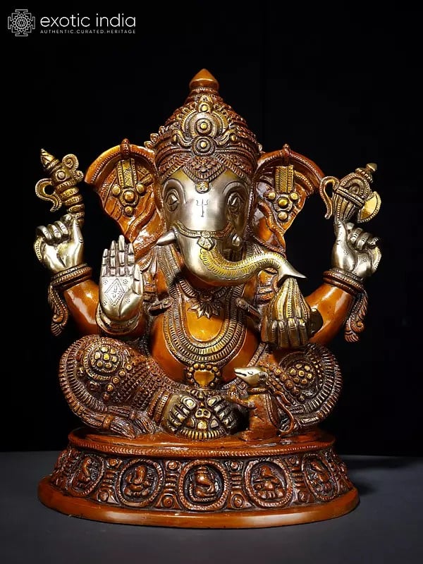 8" Blessing Ganesha Seated on Ashta-Ganesha Base In Brass | Handmade | Made In India