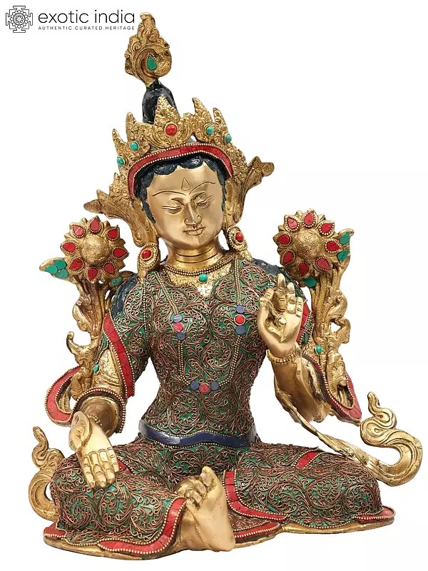 15" Green Tara with Superfine Colorful Inlay Work in Brass | Handmade Tibetan Buddhist Statue