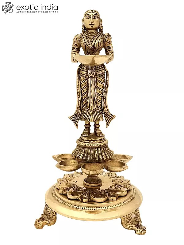 11" Designer Deeplakshmi Lamp with Eight Wicks In Brass | Handmade | Made In India