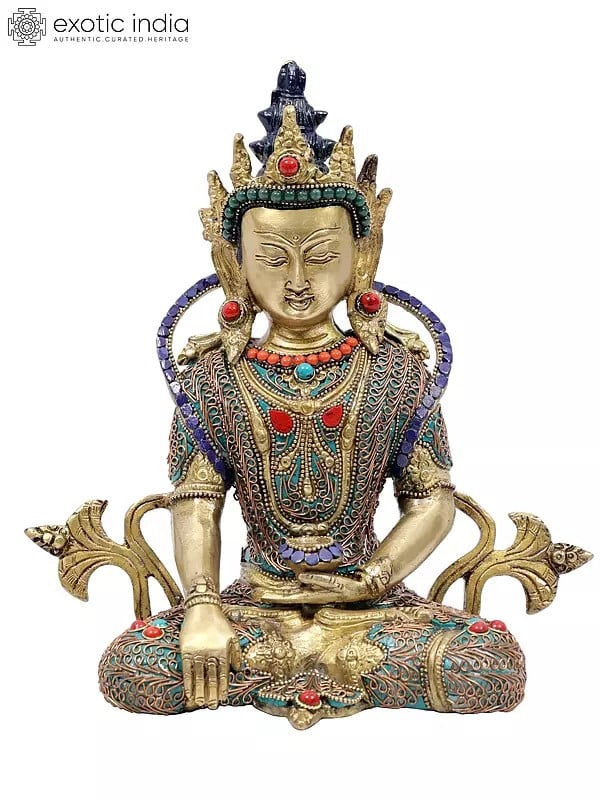 10" Crowned Buddha in Bhumisparsha Mudra | Brass Statue with Colorful Inlay Work