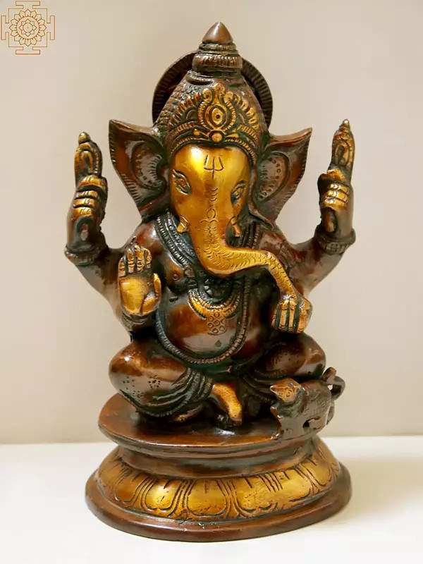 7" Small Blessing Ganesha Seated on Pedestal In Brass