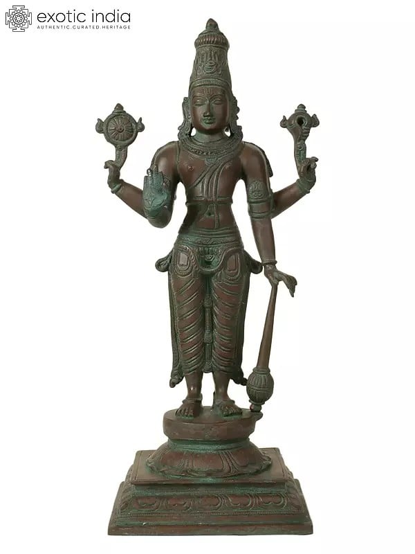 18" Chaturbhuja Bhagawan Vishnu Idol Standing on Pedestal in Brass | Handmade | Made in India