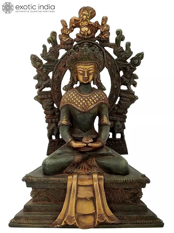 11" Crowned Buddha on Six-Ornament Throne In Brass | Handmade | Made In India